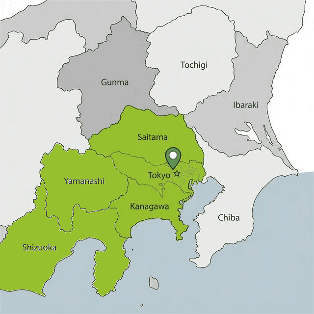 対応エリアマップ。東京都・神奈川県・埼玉県・山梨県・静岡県の対応範囲と沼津（支店）の位置を示す。